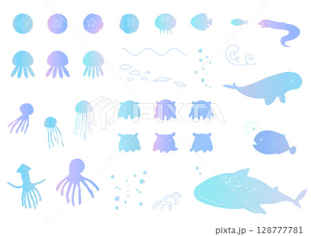 海の生き物のアイコンイラストセット　夏　海　グラデーション 128777781