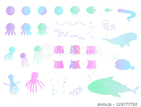 海の生き物のアイコンイラストセット　夏　海　グラデーション 128777782