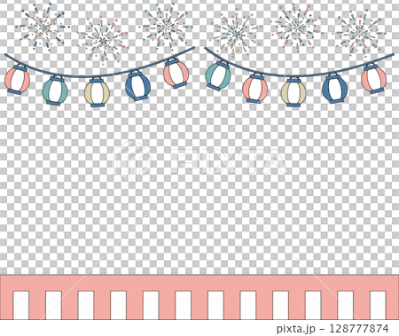 Summer festival frame background: fireworks, lanterns, red and white curtain, dull pink 128777874