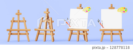 3d set of wood easel with white canvas, paint brush and palette render icon. Artist tools, tripod stand with painting board and watercolor, front and side view. Art studio equipment. 3D illustration 3d set of wood easel with white canvas, paint brush and palette render icon. Artist tools, tripod stand with painting board and watercolor, front and side view. Art studio equipment. 3D illustration 128778118