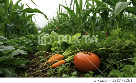 Fresh vegetables being harvested in a lush garden with rich green foliage and bright colors during a cloudy day 128778261