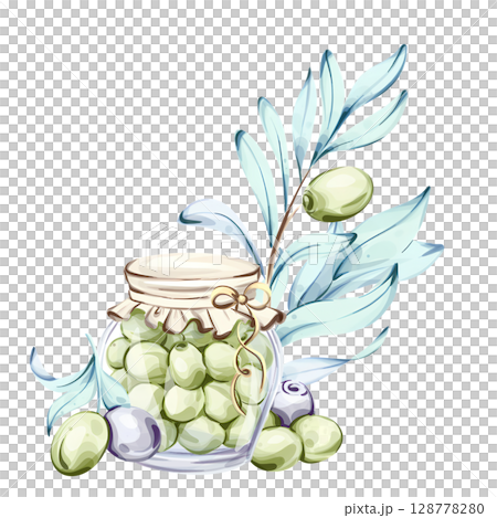 Illustration of olives and olive oil showcasing the beauty of Italian cuisine and nature in watercolor technique 128778280