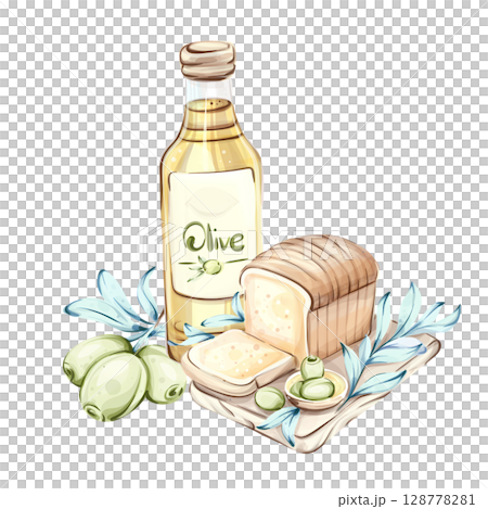 Exploration of olives and olive oil in a watercolor style illustration showcasing the essence of Italian cuisine and nature 128778281