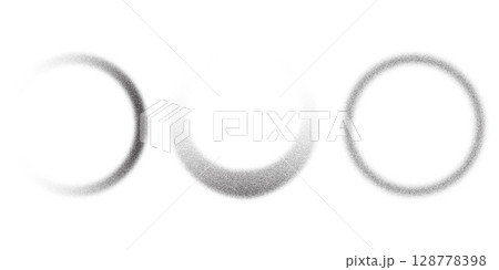 Dotted grainy circles. Vector stipple gradient texture Dusty grunge rounds with fade effect. Circular sandy eclipse on white background. Radial blurred abstract frames 128778398