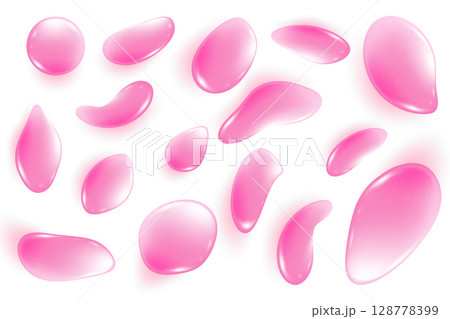 Pink water drops on white background. Jelly serum and cosmetic transparent oil. Liquid gel and cream for skincare. Vector soap bubbles of shampoo and shower gel. Splashes and drips top view 128778399