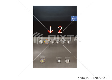Chrome metal elevator button with wheelchair symbol. 128778422