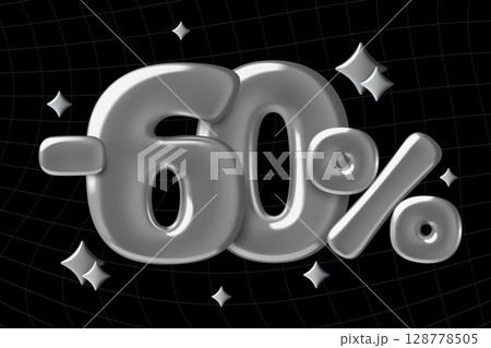 Silver 60 percent off 3d balloon numbers with sparkles on black checkered background Silver 60 percent off 3d balloon numbers with sparkles on black checkered background 128778505