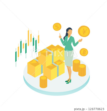 資産や通貨を管理するビジネスウーマンのイラスト(投資・金融・お金の知識) 資産や通貨を管理するビジネスウーマンのイラスト(投資・金融・お金の知識) 128778623