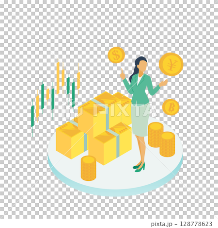 資産や通貨を管理するビジネスウーマンのイラスト(投資・金融・お金の知識) 資産や通貨を管理するビジネスウーマンのイラスト(投資・金融・お金の知識) 128778623