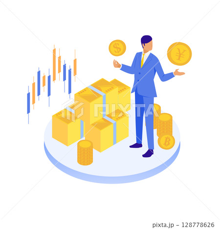 為替・金融セミナーを象徴するビジネスマンのイラスト（投資・資産運用・マネー教育） 128778626