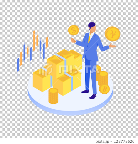 為替・金融セミナーを象徴するビジネスマンのイラスト（投資・資産運用・マネー教育） 128778626