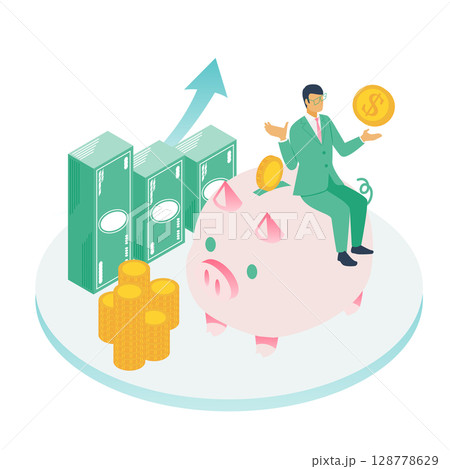 貯金・資産運用をテーマにした男性ビジネスマンのイラスト（金融・経済セミナー向け） 128778629