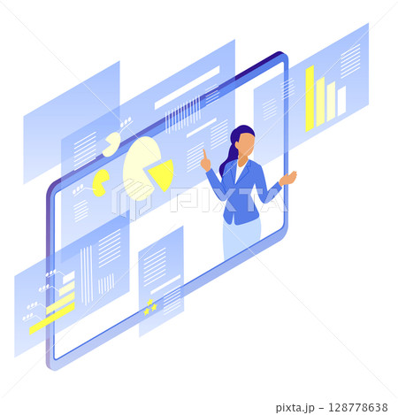 オンラインセミナーを行う女性ビジネスパーソンのイラスト 128778638