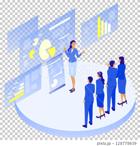 Illustration of a female lecturer giving a business seminar presentation and an audience in suits Illustration of a female lecturer giving a business seminar presentation and an audience in suits 128778639