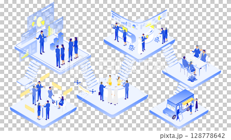 A set of illustrations depicting various business scenes (office, meeting, presentation, customer service) A set of illustrations depicting various business scenes (office, meeting, presentation, customer service) 128778642