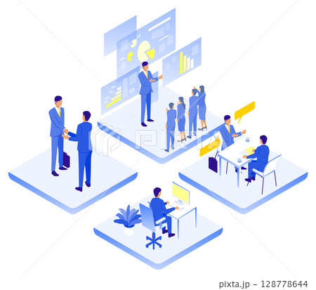 ビジネスシーンの連携と働き方を描いたアイソメトリックイラスト 128778644