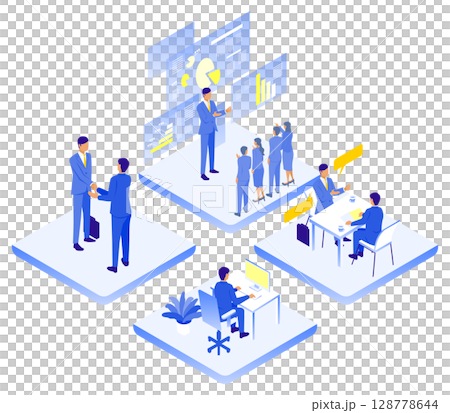 ビジネスシーンの連携と働き方を描いたアイソメトリックイラスト 128778644