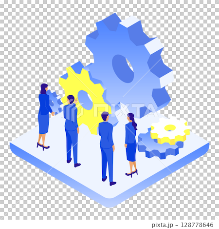 Isometric illustration of a business team adjusting giant gears | Visualizing the collaboration of organizations and mechanisms 128778646