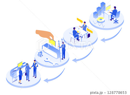 ステップで理解する業務プロセス｜ビジネスの流れを視覚化したアイソメイラスト 128778653