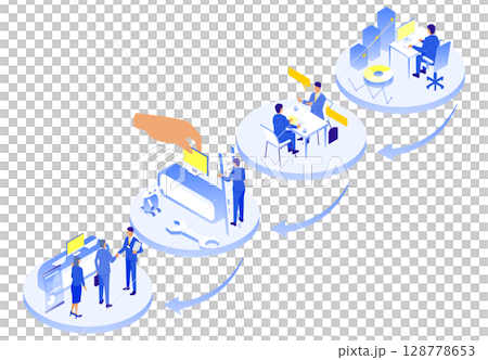 ステップで理解する業務プロセス｜ビジネスの流れを視覚化したアイソメイラスト 128778653