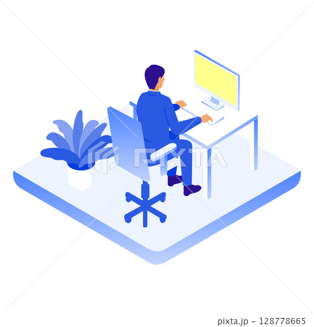 デスクに向かって仕事をするビジネスパーソンのアイソメイラスト デスクに向かって仕事をするビジネスパーソンのアイソメイラスト 128778665