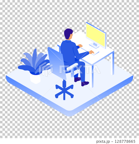 デスクに向かって仕事をするビジネスパーソンのアイソメイラスト デスクに向かって仕事をするビジネスパーソンのアイソメイラスト 128778665