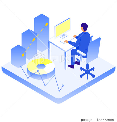 デスクに向かって分析をするビジネスパーソンのアイソメイラスト 128778666