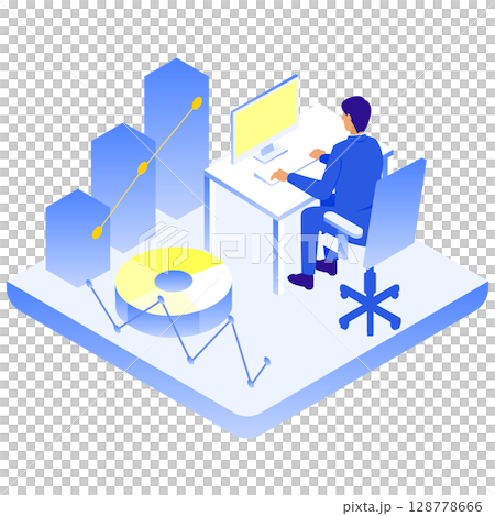 Isometric illustration of a business person analyzing data at a desk 128778666