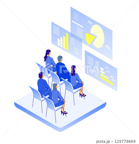 セミナーで学ぶビジネスパーソンたちの様子のアイソメイラスト 128778669