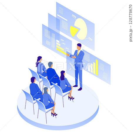 セミナーで学ぶビジネスパーソンたちの様子のアイソメイラスト 128778670