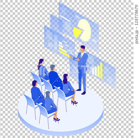 セミナーで学ぶビジネスパーソンたちの様子のアイソメイラスト 128778670