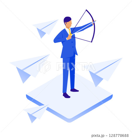 紙飛行機の中で弓を引くビジネスマンのイラスト 128778688