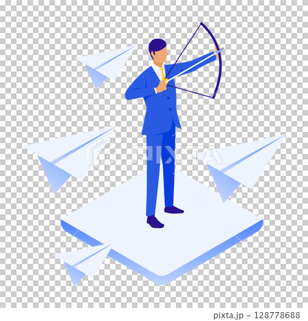 紙飛行機の中で弓を引くビジネスマンのイラスト 128778688