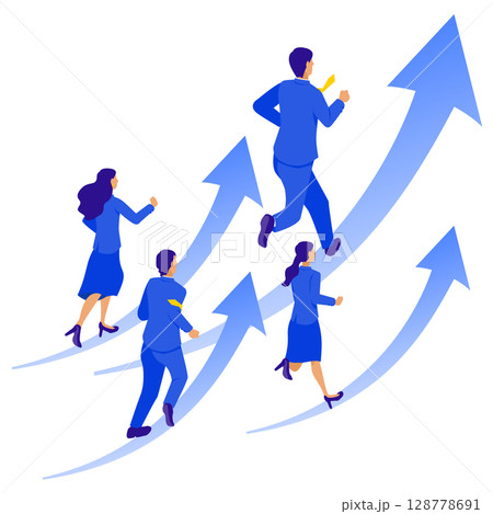 右肩上がりの矢印を走るビジネスチームのイラスト 128778691