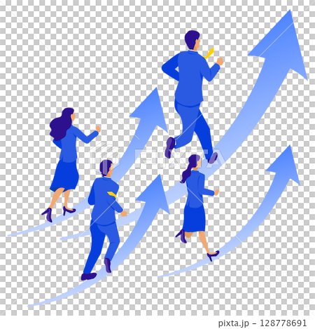 右肩上がりの矢印を走るビジネスチームのイラスト 128778691