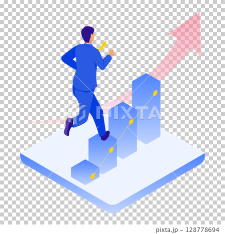 成長グラフを駆け上がるビジネスマンのイラスト（行動力・加速する成功） 128778694