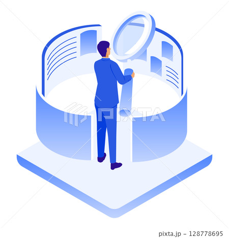 拡大鏡で情報を分析するビジネスマンのイラスト(リサーチ・調査・データ分析) 拡大鏡で情報を分析するビジネスマンのイラスト(リサーチ・調査・データ分析) 128778695