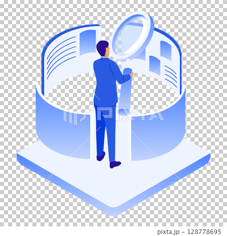 商人用放大鏡分析資訊的插圖（研究、調查、資料分析） 128778695
