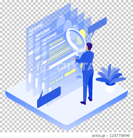 履歴書をチェックするビジネスマンのイラスト（採用・人材選定・人事評価） 128778696