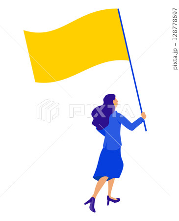 旗を掲げて前進するビジネスウーマンのイラスト（リーダーシップ・行動力） 128778697