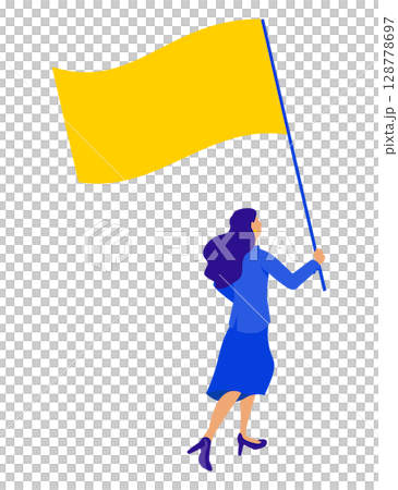 旗を掲げて前進するビジネスウーマンのイラスト（リーダーシップ・行動力） 128778697