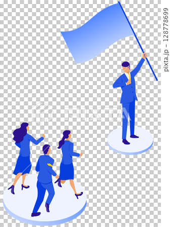 Illustration of a business team following a leader holding a flag (organization, management, leadership) Illustration of a business team following a leader holding a flag (organization, management, leadership) 128778699