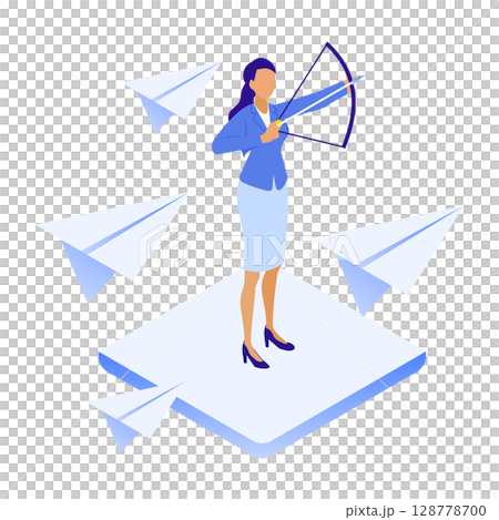 一位女商人在紙飛機上接弓的插圖 128778700