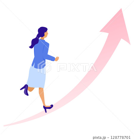 右肩上がりの矢印を駆け上がるビジネスウーマンのイラスト（成長・キャリアアップ・女性活躍） 128778701