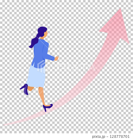 右肩上がりの矢印を駆け上がるビジネスウーマンのイラスト（成長・キャリアアップ・女性活躍） 128778701