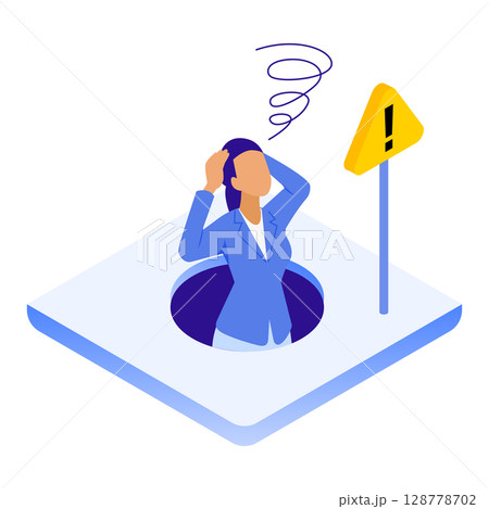 落とし穴にハマって困惑するビジネスウーマンのイラスト（失敗・注意喚起） 128778702