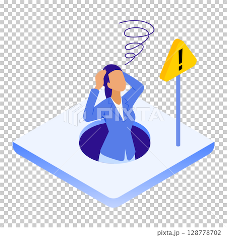 Illustration of a businesswoman who falls into a trap and gets confused (failure, warning) 128778702