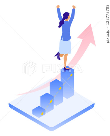 成長グラフの頂点でガッツポーズするビジネスウーマンのイラスト（成功・目標達成） 128778705