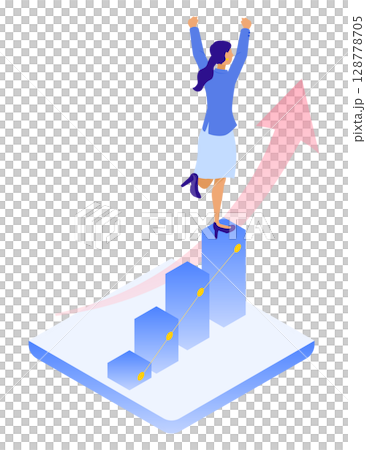 Illustration of a businesswoman posing in a fist pump at the top of a growth graph (success, goal achievement) 128778705