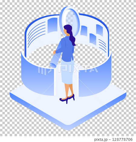 Illustration of a businesswoman investigating information with a magnifying glass (research, analysis, information gathering) 128778706